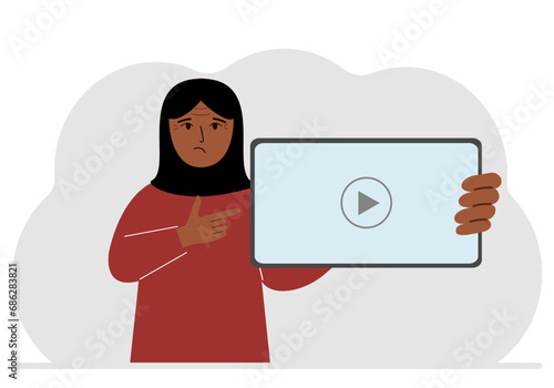 Woman holding tablet computer with video player. Marketing concept in flat style.