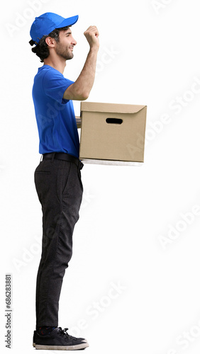 full-length male courier holding a box on a white background © Katsiaryna