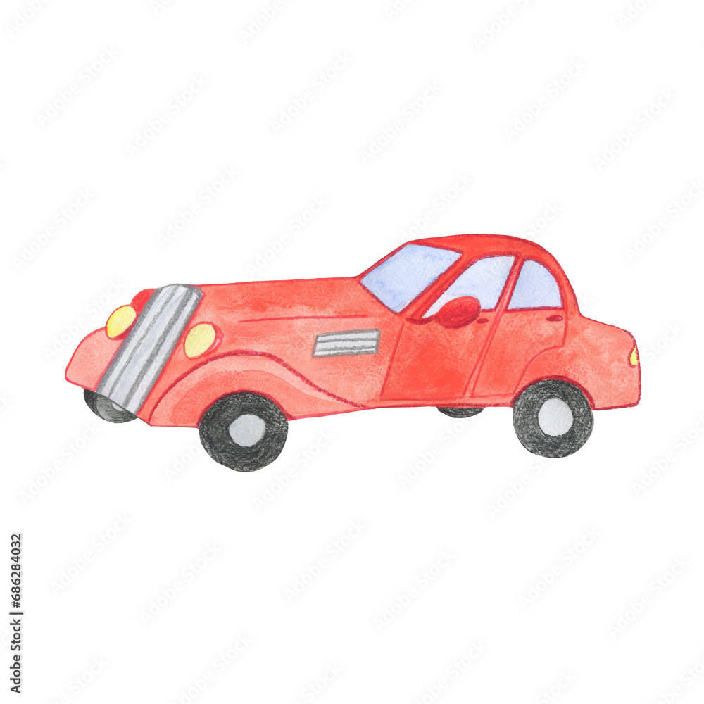 Watercolor illustration of a cartoon red car. Funny old retro car Watercolor illustration of a cartoon red car. Funny old retro car