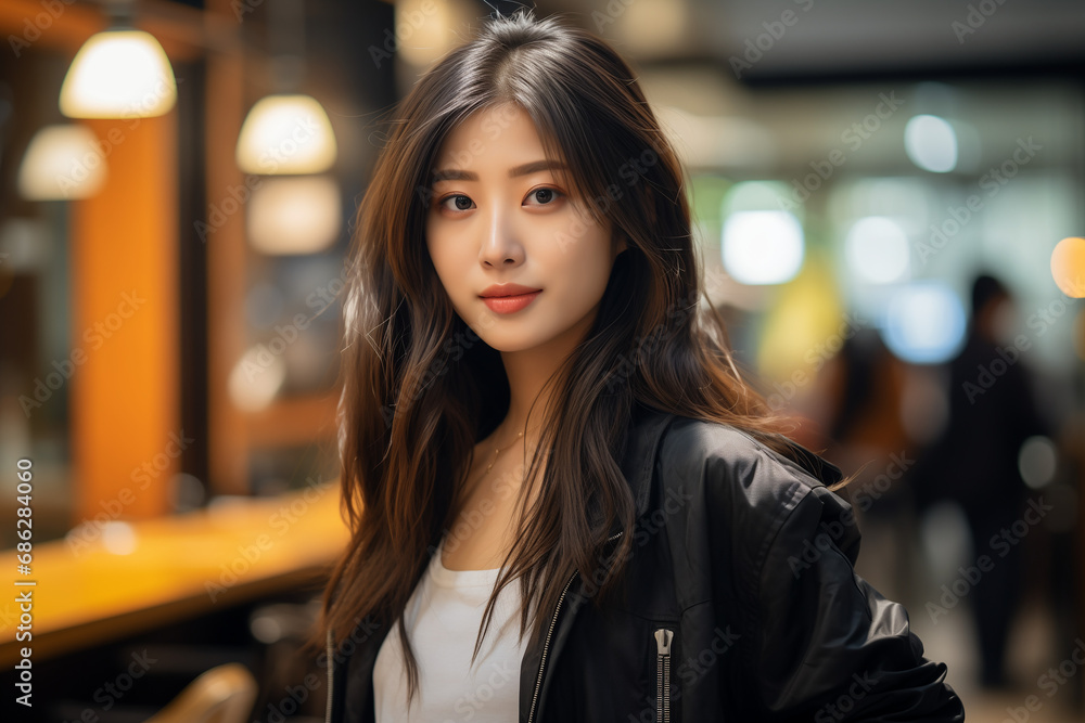 Youthful Korean girl shopping in a grocery store. 