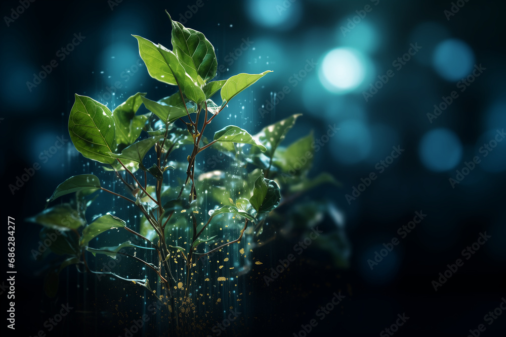 young but strong plant with digital elements. biotechnology and artificial intelligence grow together. information technology growth and strength. - obrazy, fototapety, plakaty 