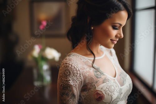 Beautiful bride with black hair looking down photo