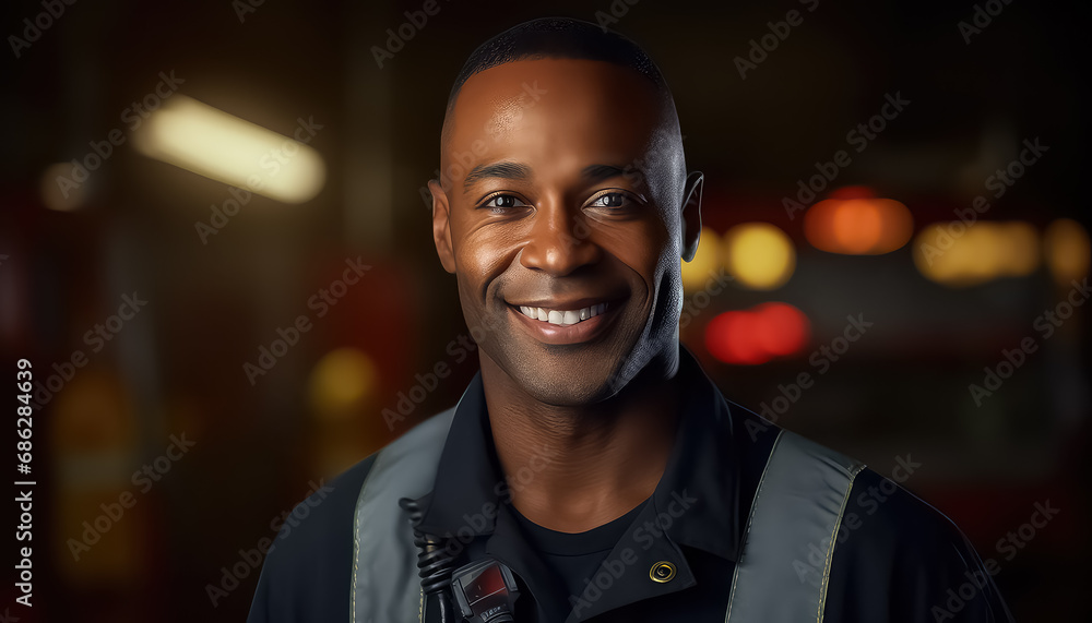 african american man in uniform firefighter on fire background