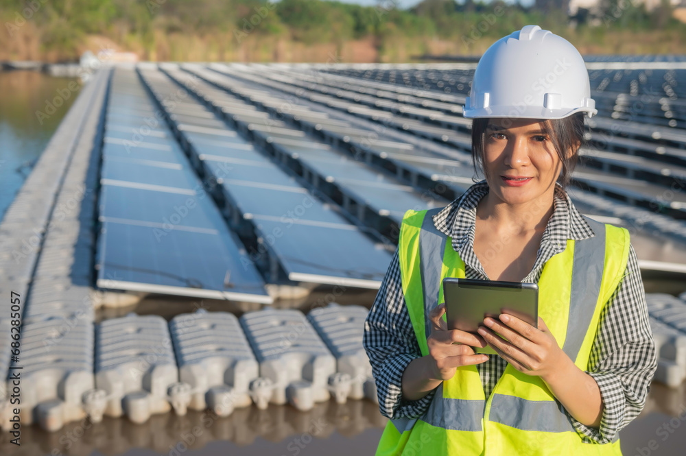 Asian engineer working at Floating solar farm,Renewable energy,Technician and investor solar panels checking the panels at solar energy installation Asian engineer working at Floating solar farm,Renewable energy,Technician and investor solar panels checking the panels at solar energy installation