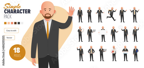 Simple flat male businessman vector character, wearing a suit in a set of multiple poses. Easy to edit and isolated on a white background. Modern trendy style character mega pack with lots of poses.