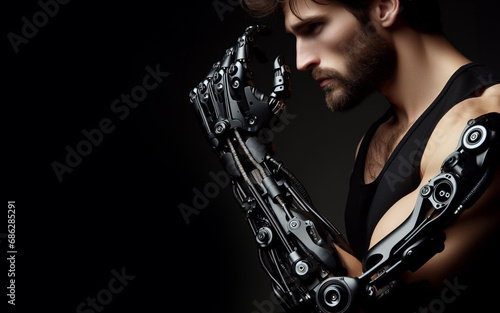A man with a prosthetic arm an AI powered mechanical arm the concept of producing prosthetic arms for amputees