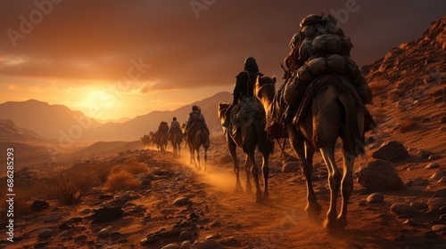 Camel caravan walking between golden sand dunes in the desert, at sunset with copy space photo