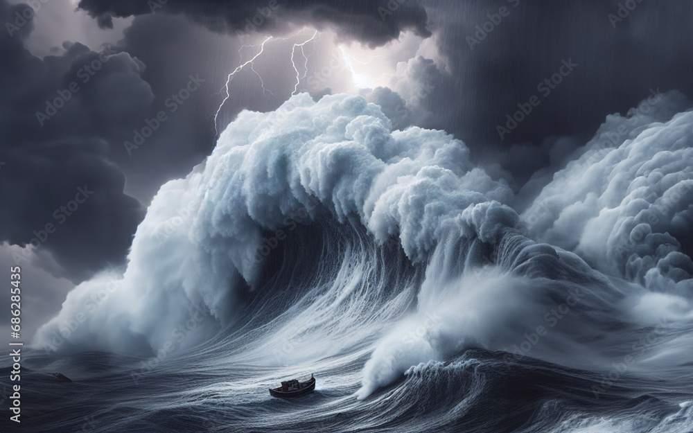 ship in the ocean Sea waves in a violent storm Sailboat on high waves in the scary sea - obrazy, fototapety, plakaty 