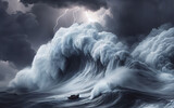 ship in the ocean Sea waves in a violent storm Sailboat on high waves in the scary sea
