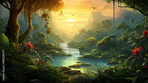 A lush rainforest canopy  scene with fishes in the sea