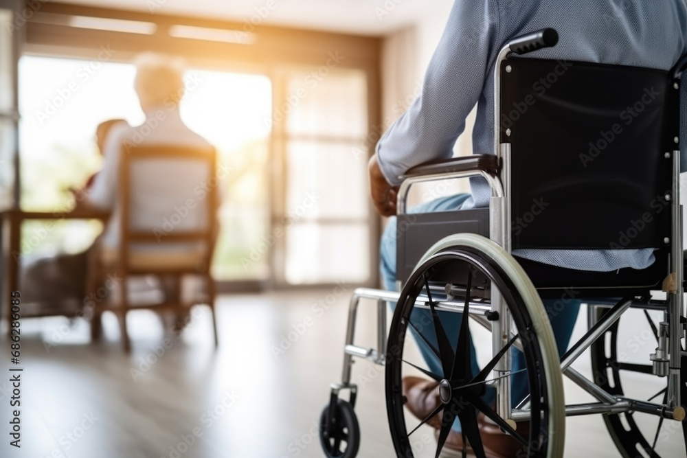 Elderly person in wheelchair in a facility. Concept of assisted living and care. Elderly person in wheelchair in a facility. Concept of assisted living and care.