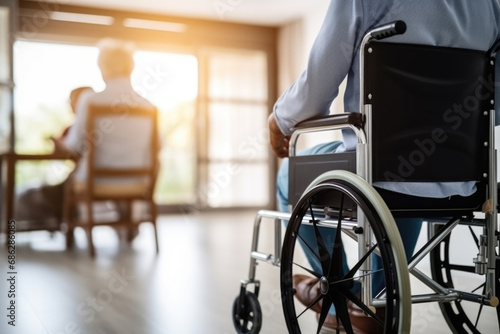 Elderly person in wheelchair in a facility. Concept of assisted living and care.