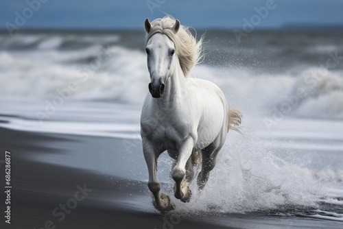 Beautiful magnificent white horse as it gracefully gallops along a beach adorned with black sand. Ai generated © twindesigner