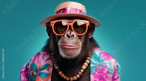 monkey wearing hat and accessories on light blue background