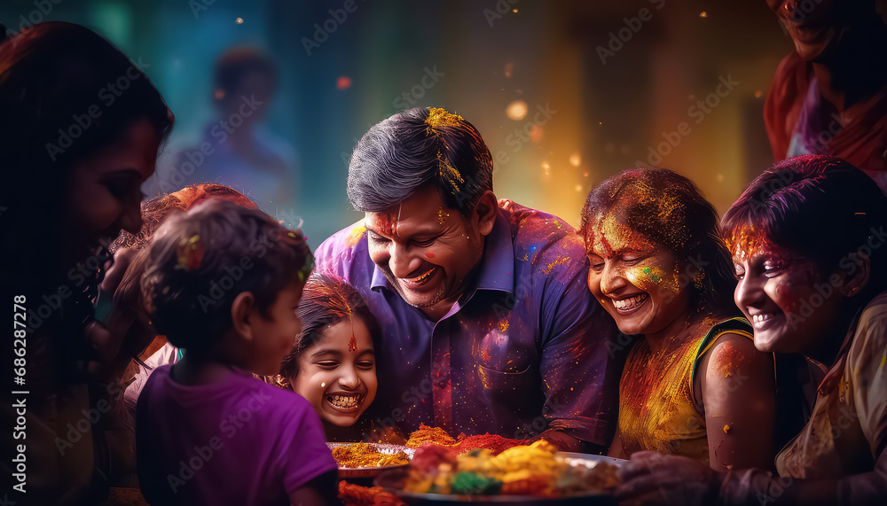 Happy family celebrating together , happy holi indian concept