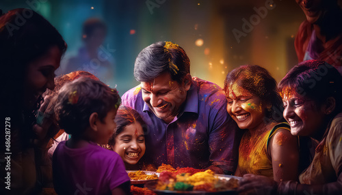 Happy family celebrating together , happy holi indian concept