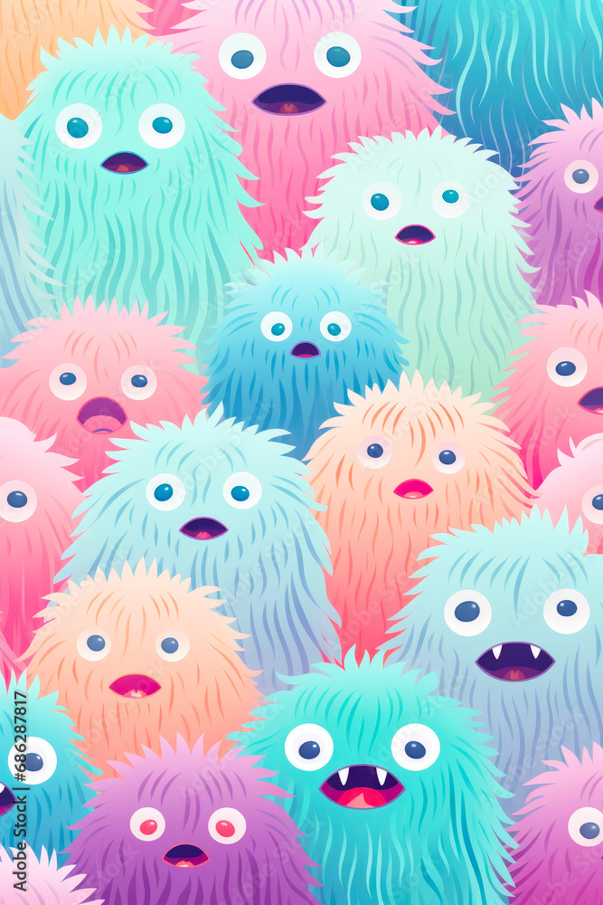 Group of colorful furry monsters with big eyes and mouths. Group of colorful furry monsters with big eyes and mouths.