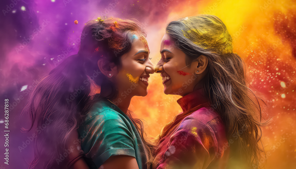 Two women hugging in colors , happy holi indian concept