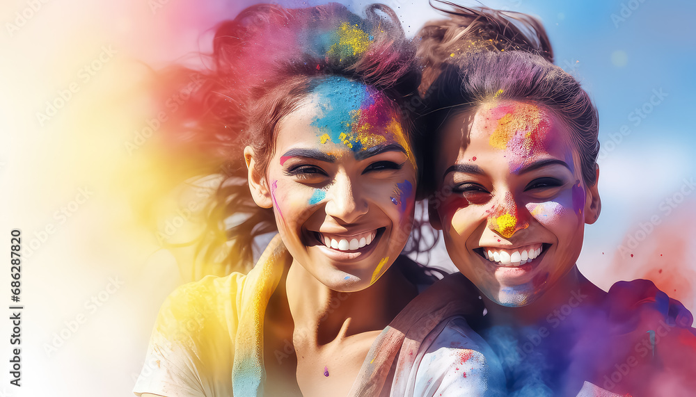 Two women hugging in colors , happy holi indian concept