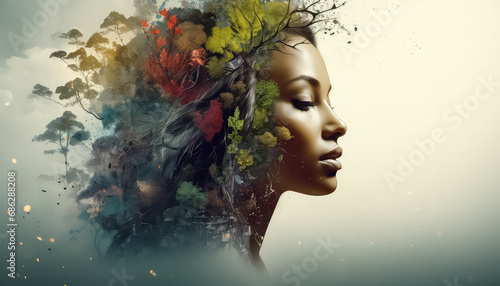 Woman with flowers in her hair , safe nature earth day concept