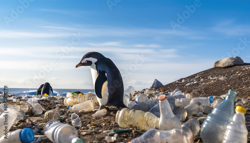 Sad penguin on the beach near garbage and plastic , safe nature earth day concept photo