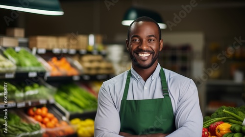 Photo of a happy grocery store worker wearing dark green apron smiling at camera with colorful vegetables on shelves around him © Wendy2001