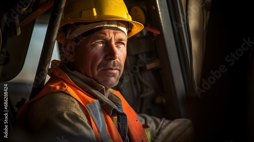 Mid aged male driver worker in his cabin at construction site working and driving wearing yellow hard hat