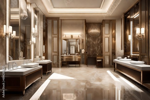 a bathroom   of a luxury hotel  with brown and white  background   light mode