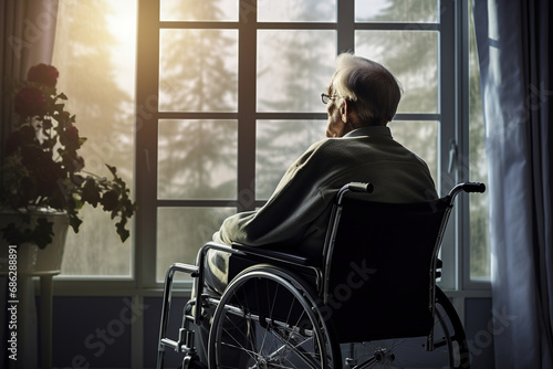 Senior man in wheelchair in nursing home photo