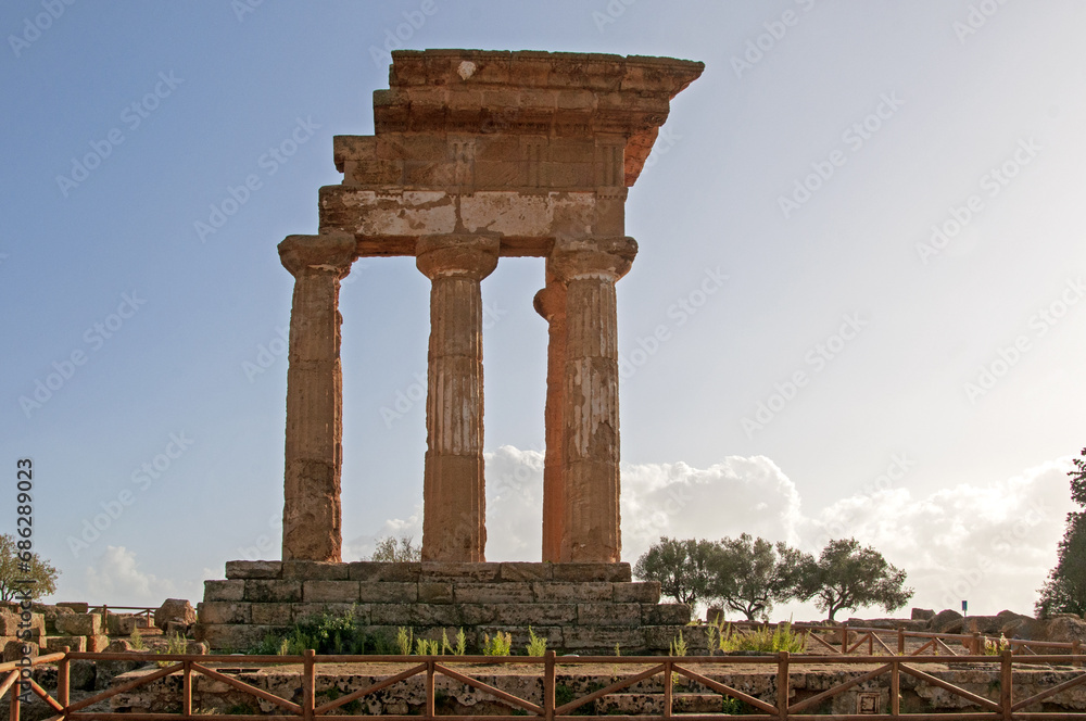 Italy, Sicily island, the valley of the temples of Agrigento, view of the temple of Dioscuri ruins. Italy, Sicily island, the valley of the temples of Agrigento, view of the temple of Dioscuri ruins.