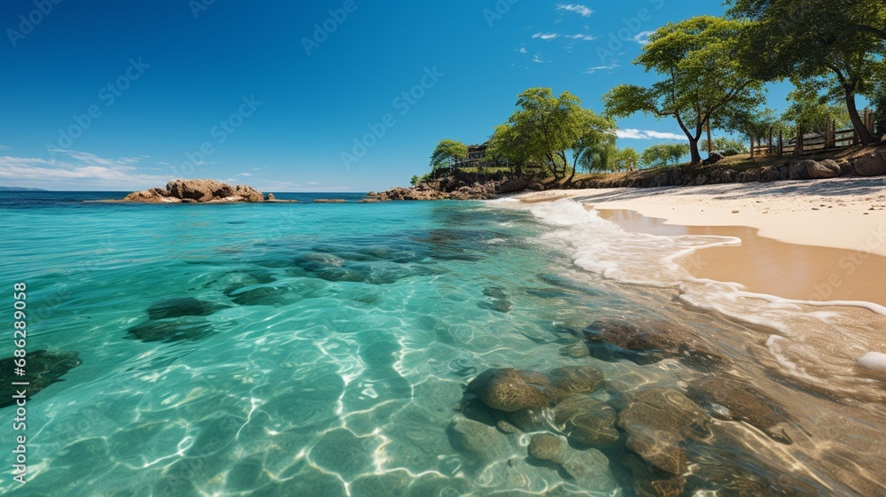 A beach at midday, with a cloudless sky, turquoise waters, and the sun casting a sparkling reflection on the sea, creating a postcard-perfect image of a tropical paradise