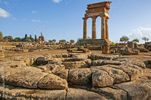 Italy, Sicily island, the valley of the temples of Agrigento, view of the temple of Dioscuri ruins. photo