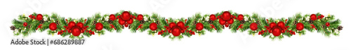 Snowberries with green twigs of Christmas tree, red decorations and cones in a holiday waved garland isolated on white or transparent background
