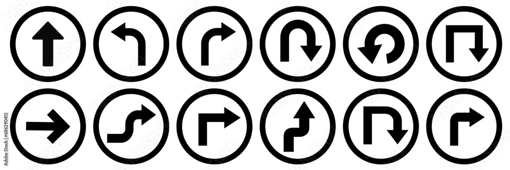 Road sign arrows vector set. Road sign set vector art illustration in black & white. Road sign arrows vector set. Road sign set vector art illustration in black & white.
