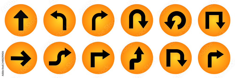 Road sign arrows vector set. Black and Yellow Arrow round circle traffic sign direction Icon set. Road sign arrows vector set. Black and Yellow Arrow round circle traffic sign direction Icon set.