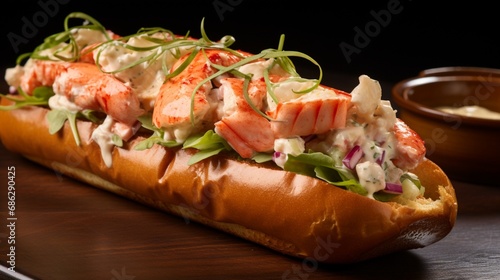 A side view of a classic New England lobster roll with buttered bun.