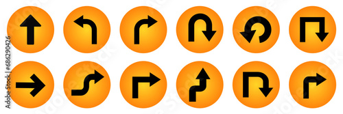 Road sign arrows vector set.  Black and Yellow Arrow round circle traffic sign direction Icon set. 