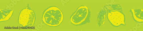 Label template with seamless lemon border. Vector lemons pattern. Crayon citrus drawing in naive hand-drawn style. Yellow fruit frame for cosmetic label, jam badge, vegetarian banner.