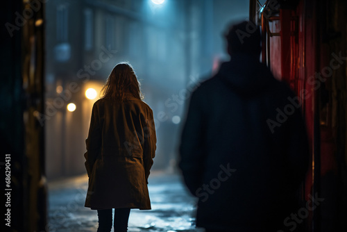 Fototapeta Man following woman in dark street at night