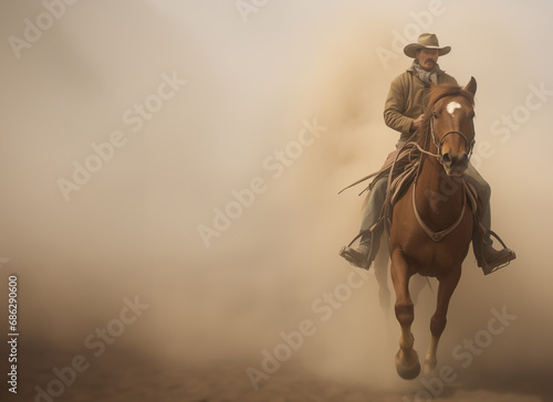 old west cowboy horseback riding - wild west - sandstorm - brown horse - copy space