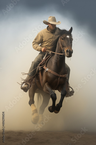 old west cowboy horseback riding - wild west - blue sky - dark brown horse