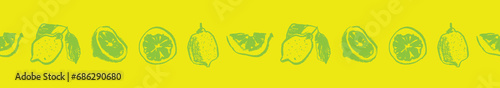 Label template with seamless lemon border. Vector lemons pattern. Crayon citrus drawing in naive hand-drawn style. Yellow fruit frame for cosmetic label, jam badge, vegetarian banner.