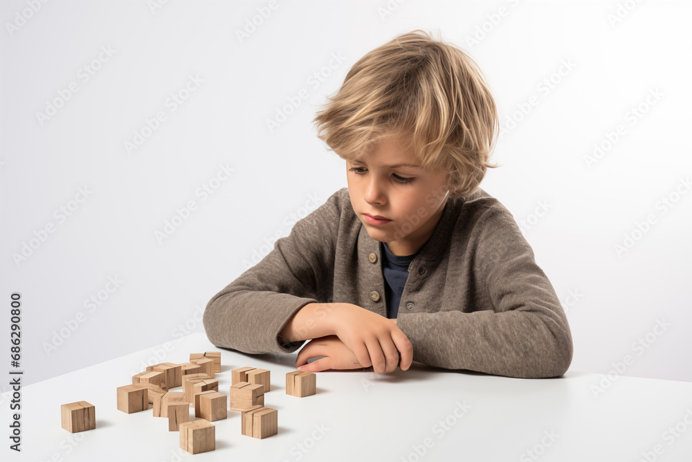 Young Caucasian blond boy with wooden puzzle, autism spectrum disorder concept Young Caucasian blond boy with wooden puzzle, autism spectrum disorder concept