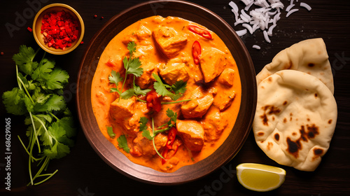 Tasty butter chicken curry dish from Indian cuisine, top view