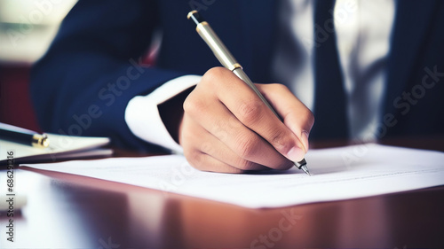 Close-up of a person's hand signing a document, symbolizing business agreements.