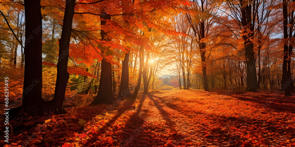 Where Nature's Palette and Celestial Radiance Converge: A Forest Symphony of Autumnal Splendor Under the Golden strokes of Sunrise, A Tapestry of Autumnal Hues Generative AI