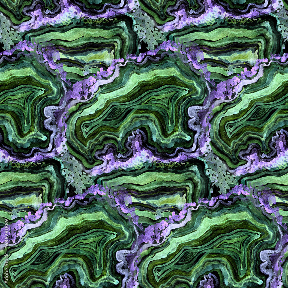 Obraz premium Seamless watercolor pattern with imitation of the biostructure of the Malachite stone for textile surface design