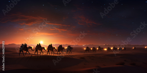 A Tapestry of Resilience and Beauty: Where Majestic Camels Traverse the Sands, Their Procession a Silent Symphony of the Desert's Enduring Wonder Generative AI photo