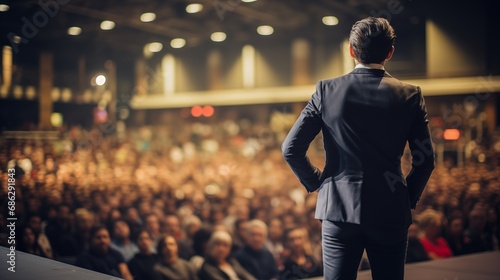 Back view of motivational speaker standing on stage with his hands in pockets at a conference hall full of people
