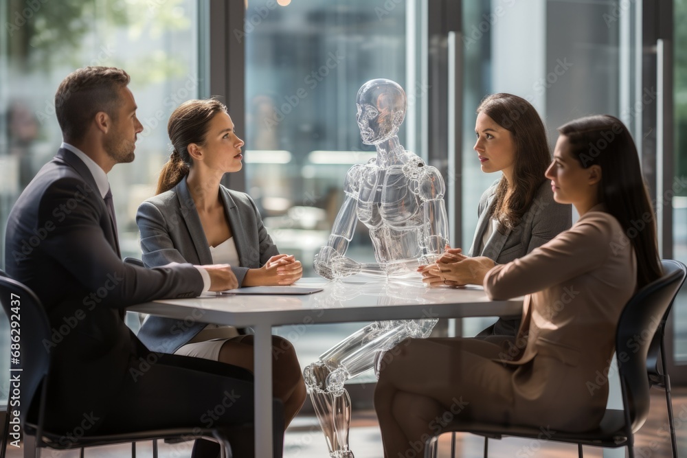 Women and men are business people sitting together and talking to API AI human body transparent bot an office and chatting about business work strategy on a modern class business floor. Office staff. Women and men are business people sitting together and talking to API AI human body transparent bot an office and chatting about business work strategy on a modern class business floor. Office staff.